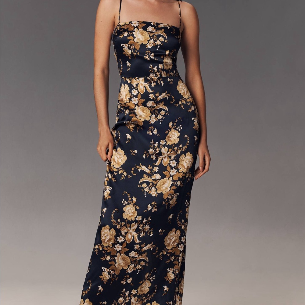 Reformation Navy Maxi Dress with Gold Floral Print